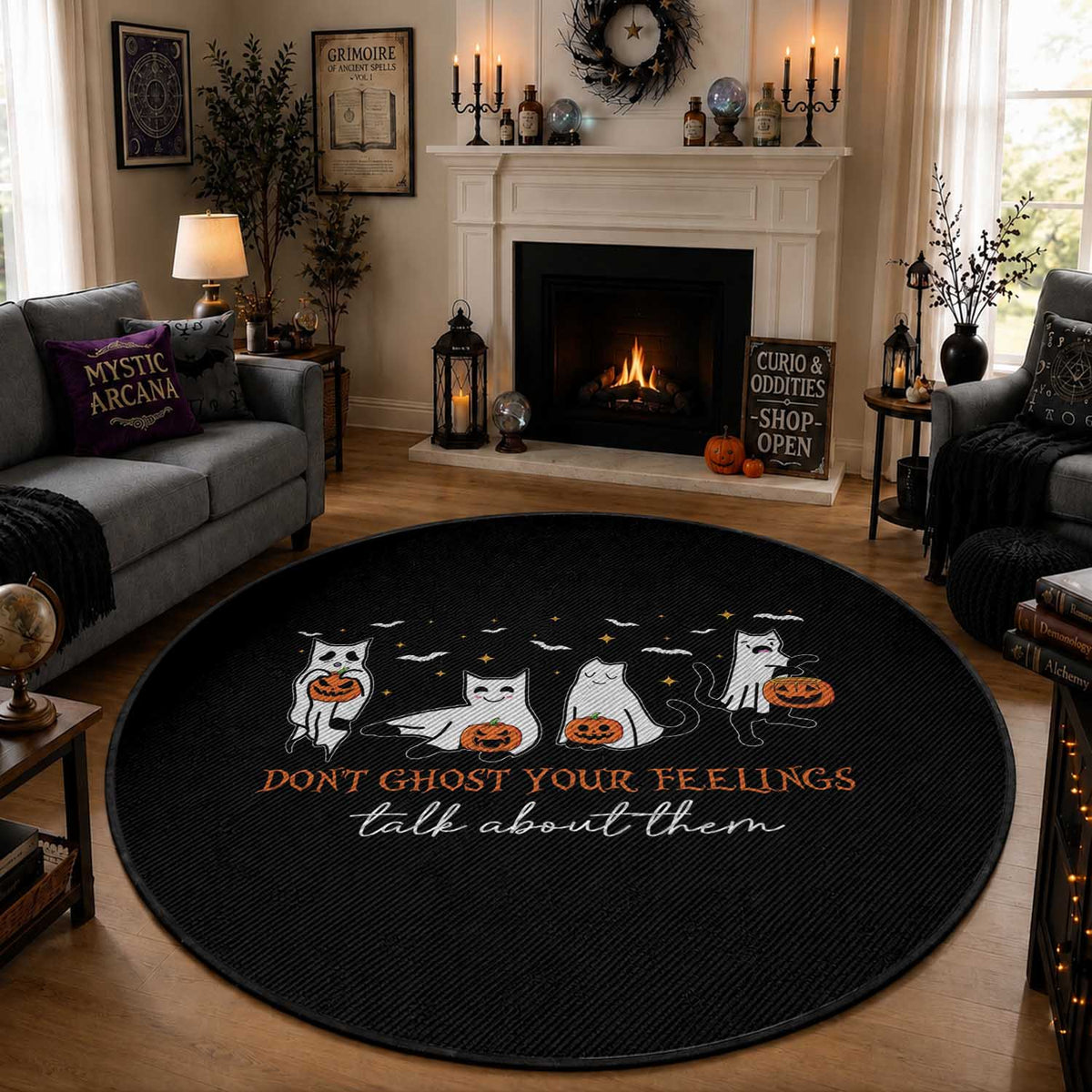 Halloween School Counselor Round Rug Don't Ghost Your Feelings Talk About Them Ghost Cats