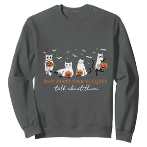 Halloween School Counselor Sweatshirt Don't Ghost Your Feelings Talk About Them Ghost Cats TS11 Dark Heather Print Your Wear