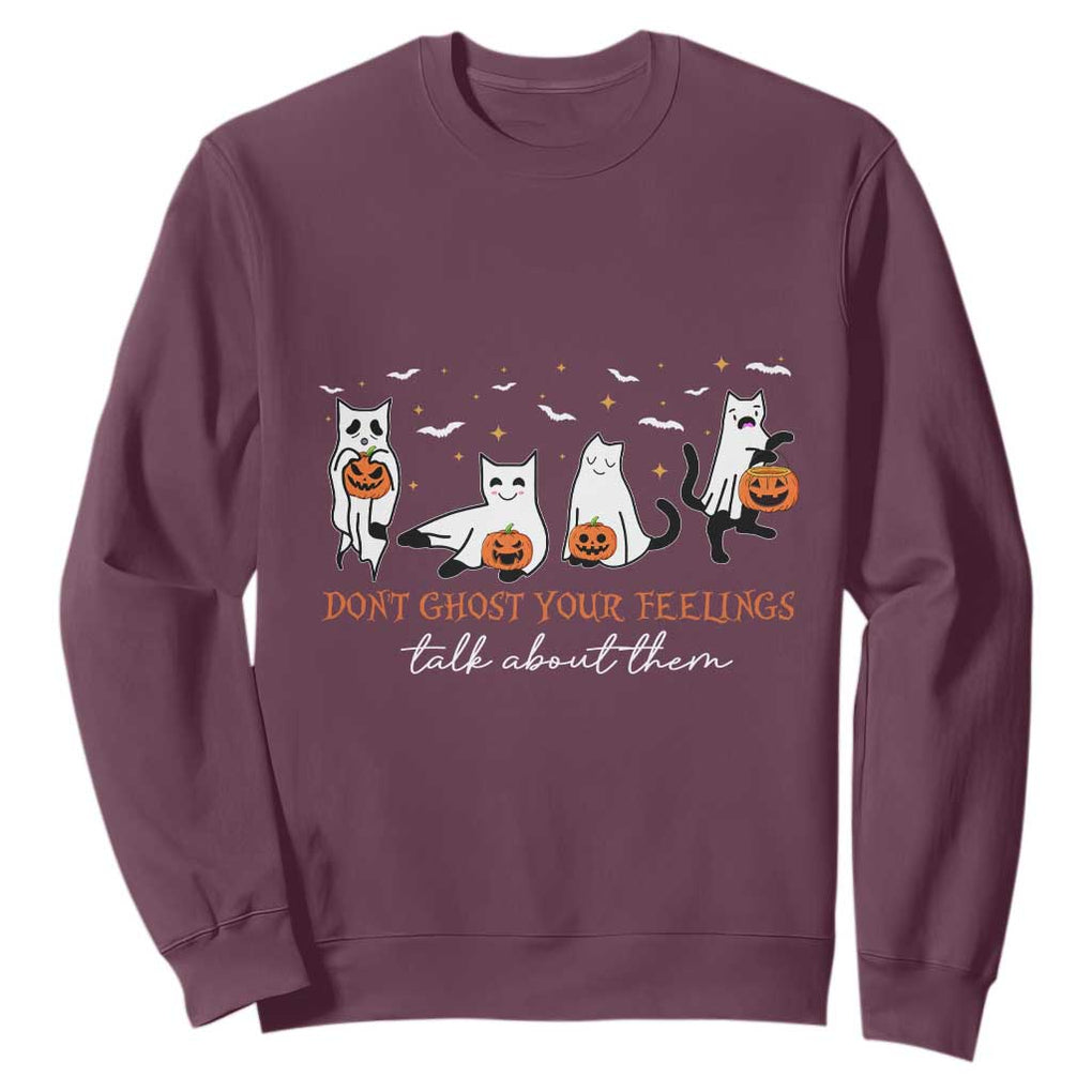 Halloween School Counselor Sweatshirt Don't Ghost Your Feelings Talk About Them Ghost Cats TS11 Maroon Print Your Wear