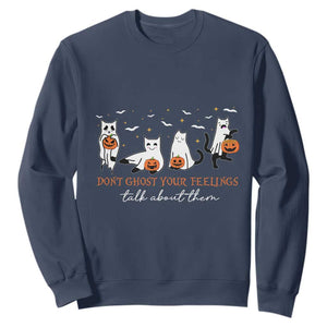 Halloween School Counselor Sweatshirt Don't Ghost Your Feelings Talk About Them Ghost Cats TS11 Navy Print Your Wear