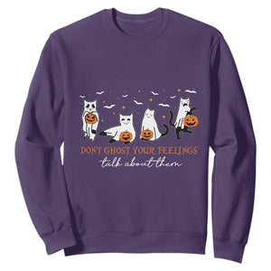 Halloween School Counselor Sweatshirt Don't Ghost Your Feelings Talk About Them Ghost Cats TS11 Purple Print Your Wear