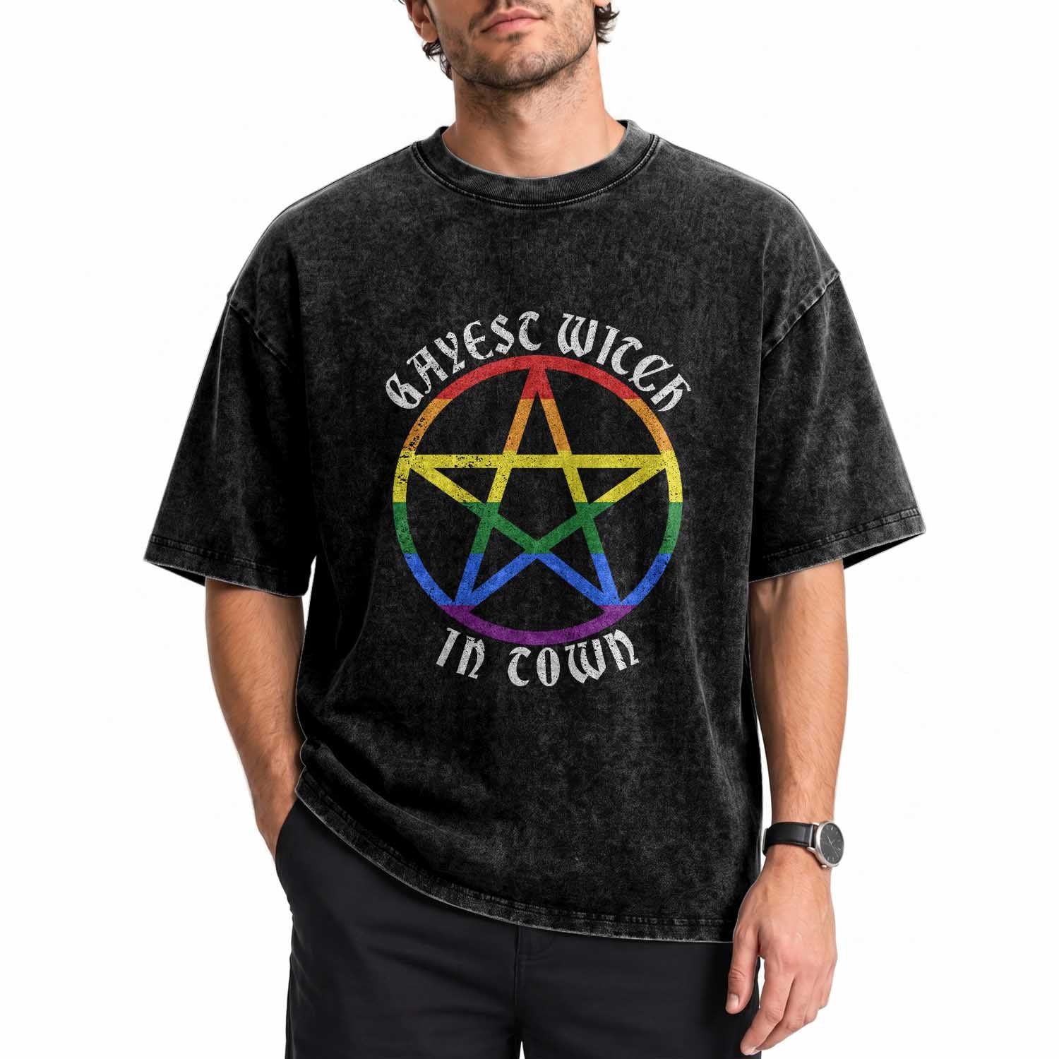 Halloween LGBT Washed Cotton T-Shirt Gayest Witch In Town Rainbow Pentagram Star