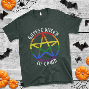 Halloween LGBT T Shirt Gayest Witch In Town Rainbow Pentagram Star TS11 Dark Forest Green Print Your Wear