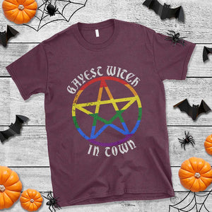 Halloween LGBT T Shirt Gayest Witch In Town Rainbow Pentagram Star TS11 Maroon Print Your Wear