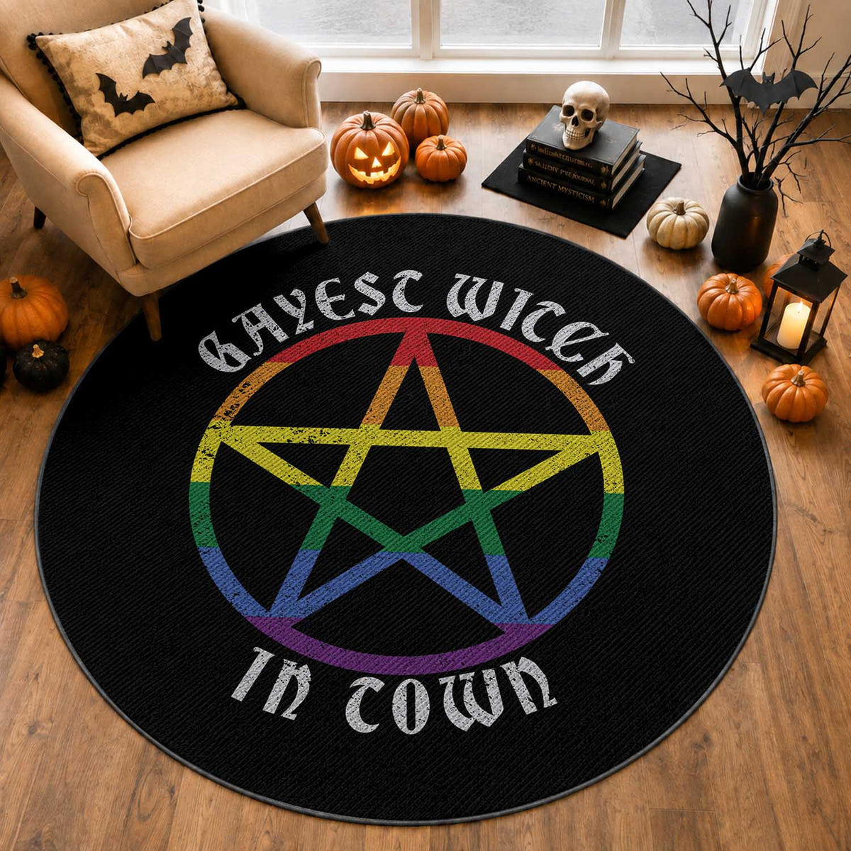 Halloween LGBT Round Rug Gayest Witch In Town Rainbow Pentagram Star