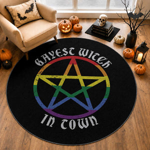 Halloween LGBT Round Rug Gayest Witch In Town Rainbow Pentagram Star