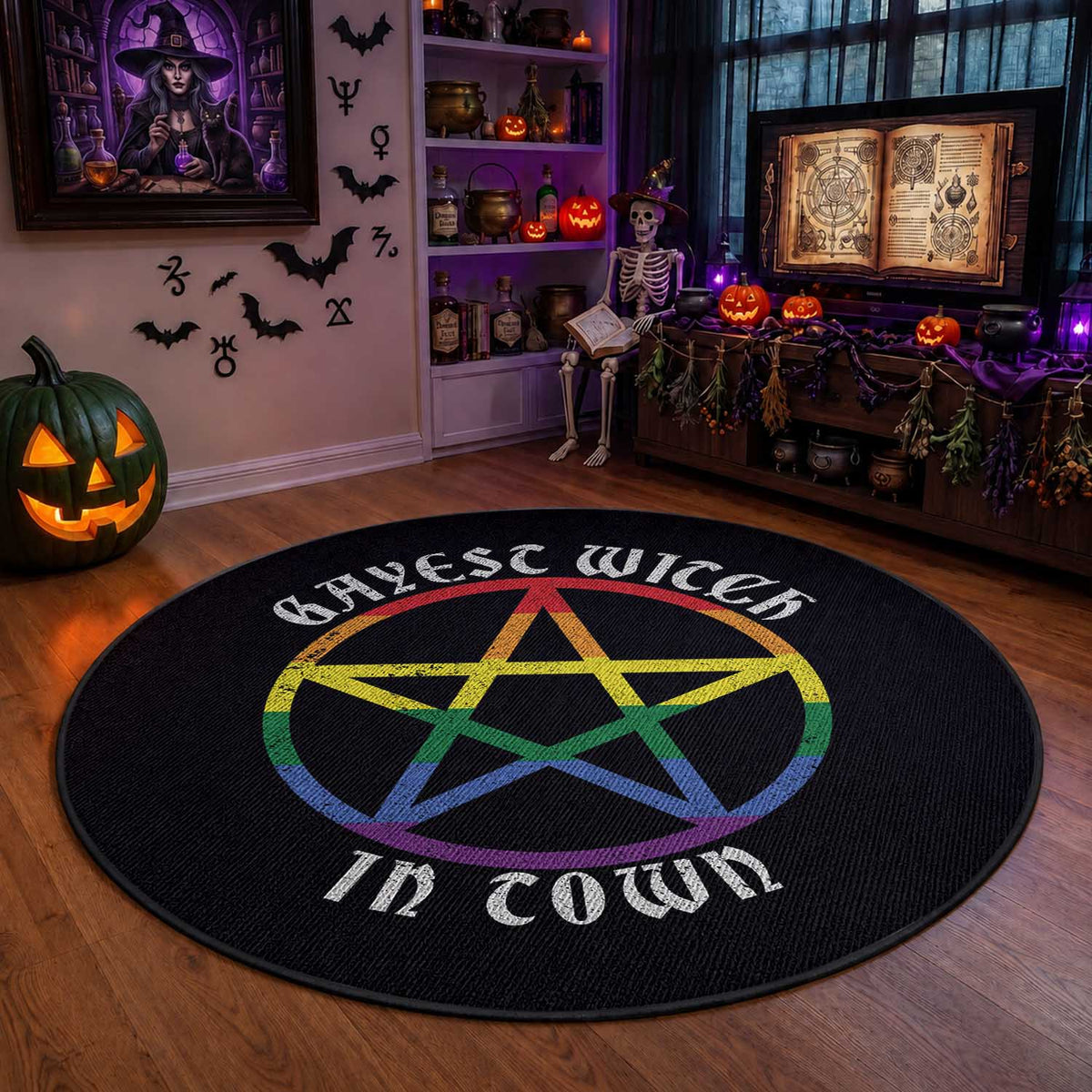 Halloween LGBT Round Rug Gayest Witch In Town Rainbow Pentagram Star