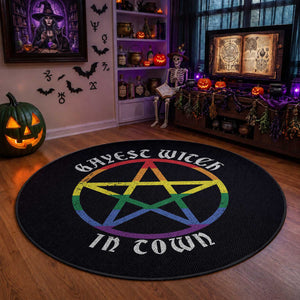 Halloween LGBT Round Rug Gayest Witch In Town Rainbow Pentagram Star