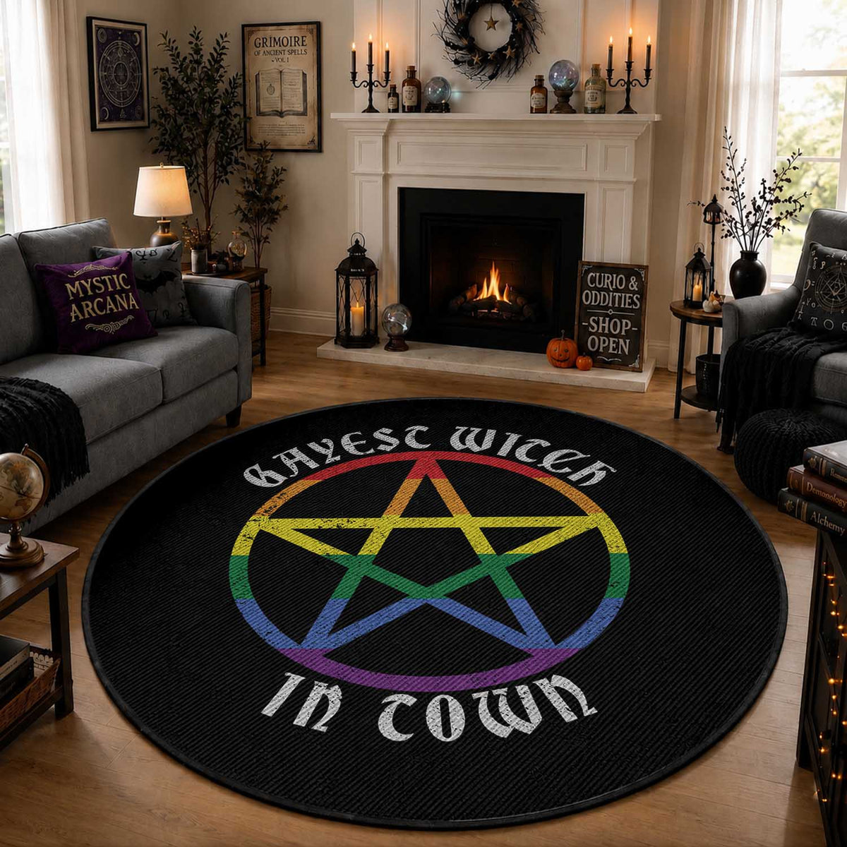 Halloween LGBT Round Rug Gayest Witch In Town Rainbow Pentagram Star