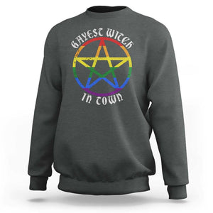 Halloween LGBT Sweatshirt Gayest Witch In Town Rainbow Pentagram Star TS11 Dark Heather Print Your Wear