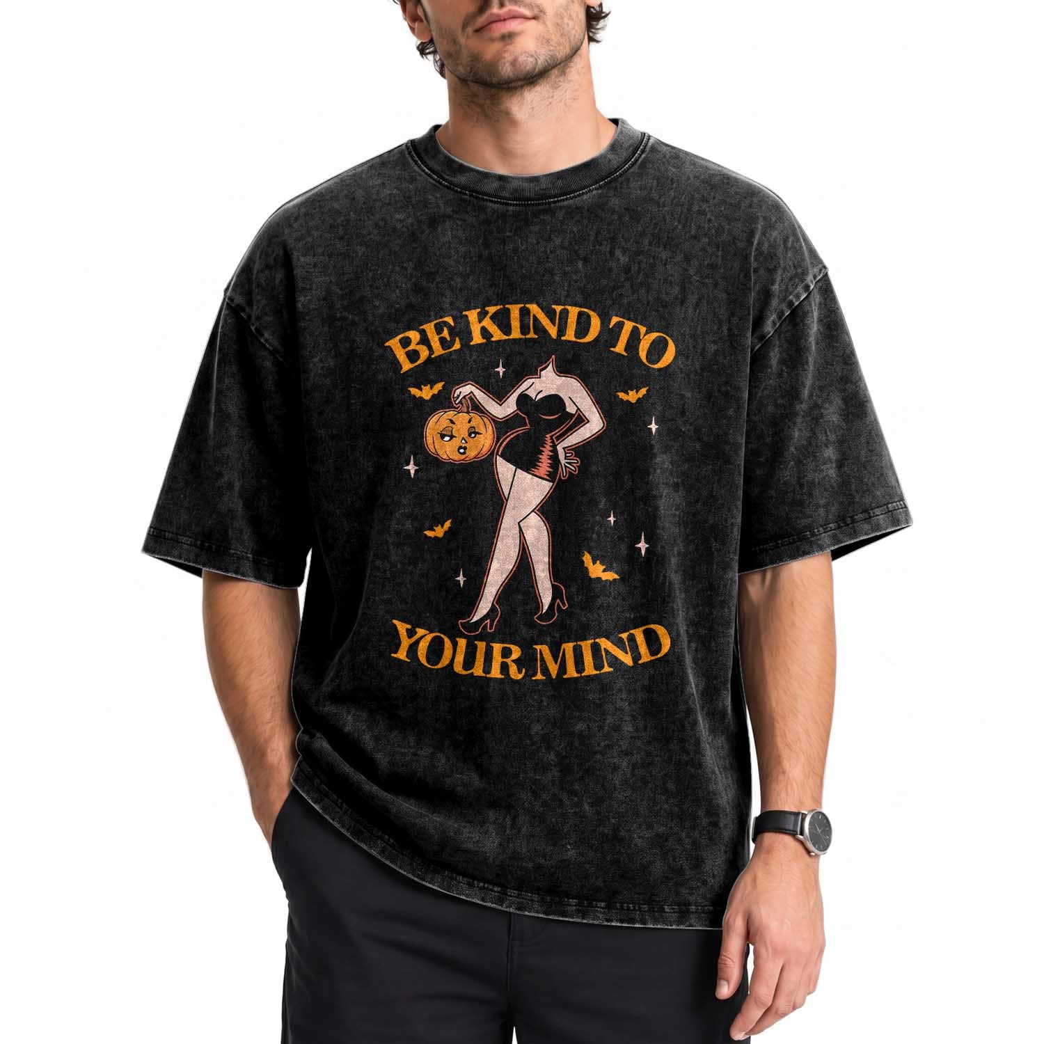 Funny Halloween Headless Pin Up Girl Washed Cotton T-Shirt Be Kind To Your Mind Spooky Mental Health