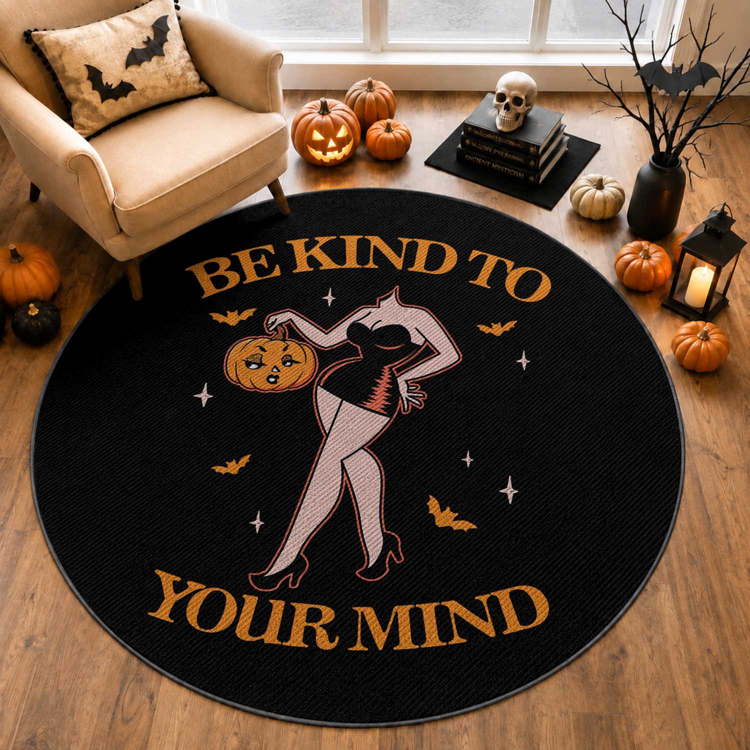 Funny Halloween Headless Pin Up Girl Round Rug Be Kind To Your Mind Spooky Mental Health