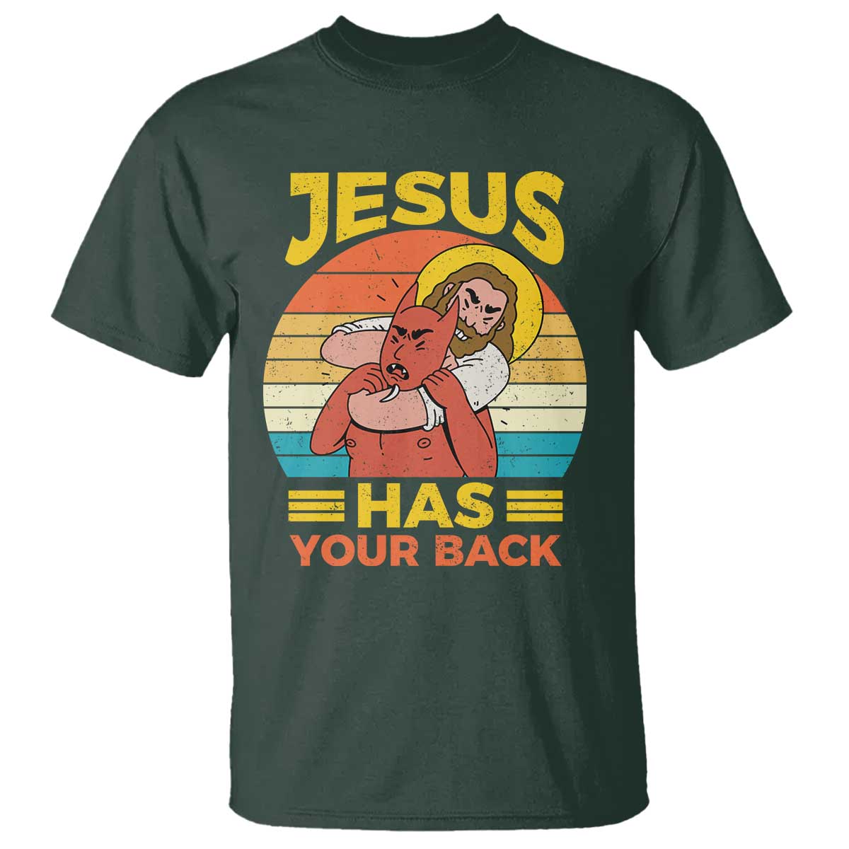 Funny Jesus Has Your Back T Shirt Jiu Jitsu Retro Christian TS11 Dark Forest Green Print Your Wear
