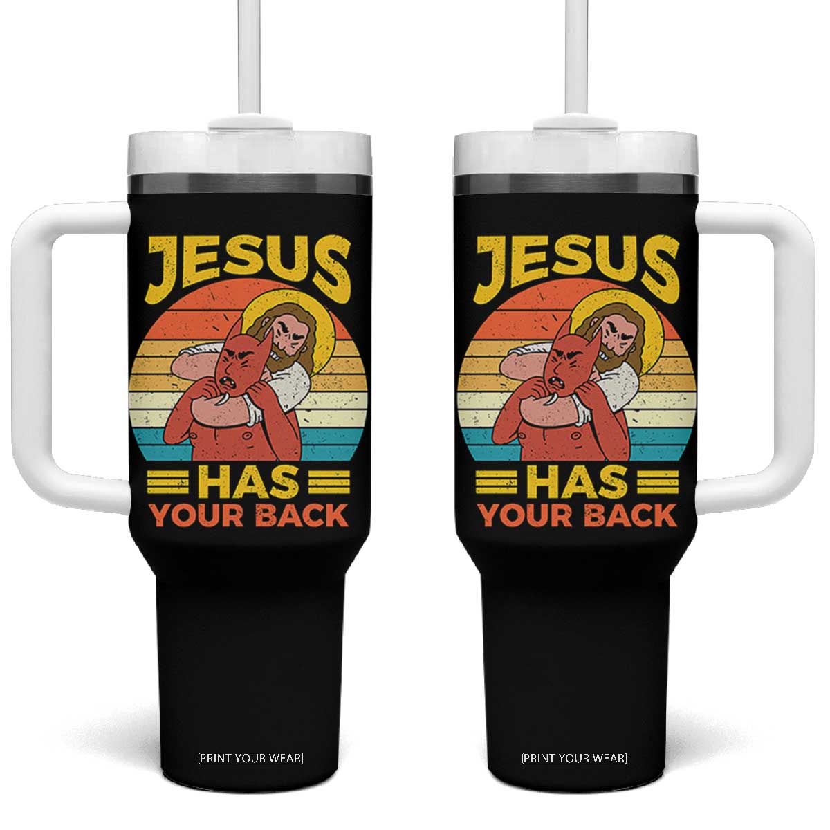 Funny Jesus Has Your Back Tumbler With Handle Jiu Jitsu Retro Christian TS11 One Size: 40 oz Black Print Your Wear
