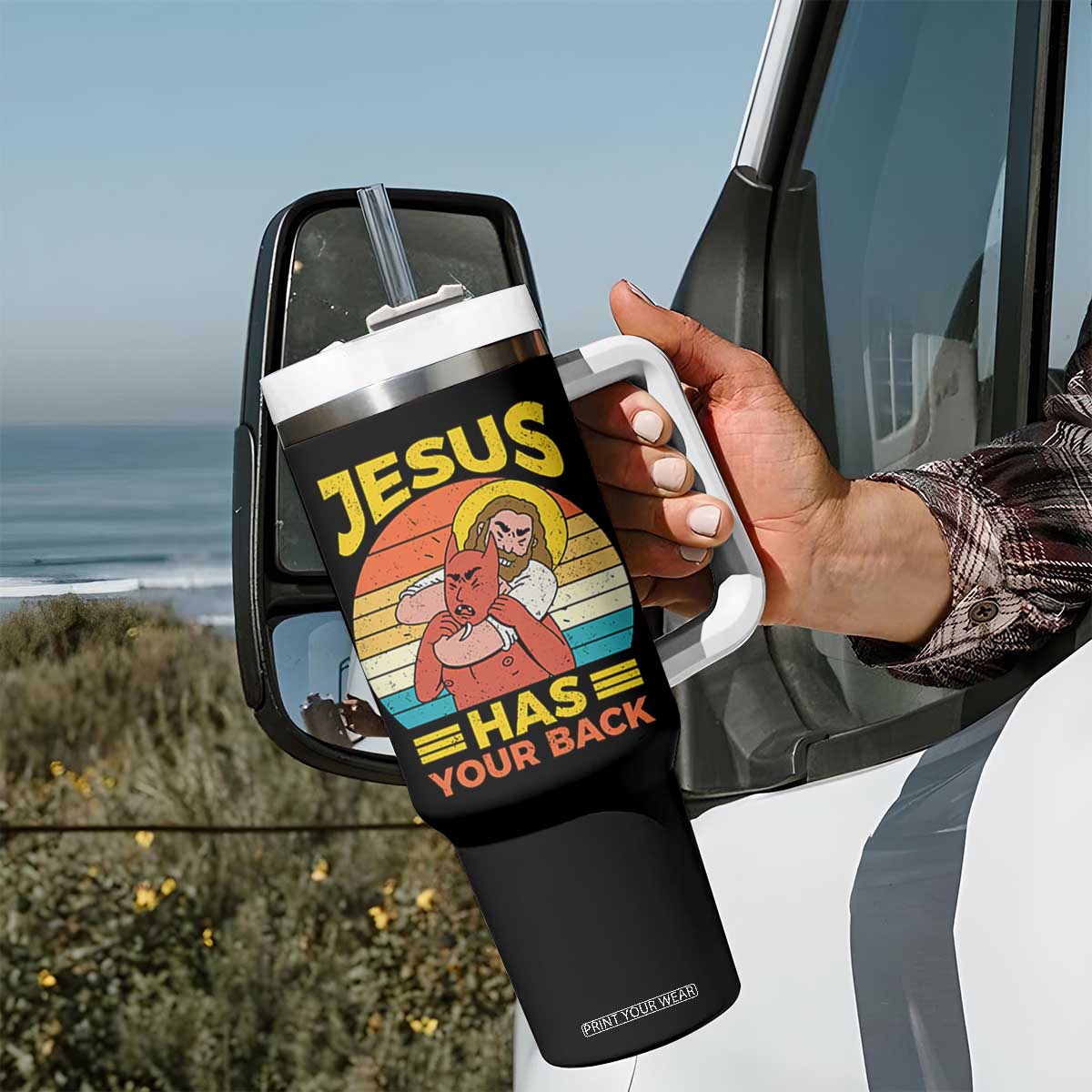 Funny Jesus Has Your Back Tumbler With Handle Jiu Jitsu Retro Christian TS11 Print Your Wear