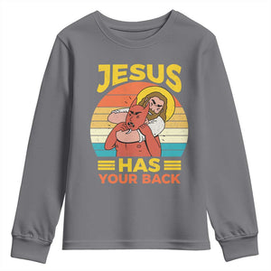 Funny Jesus Has Your Back Youth Sweatshirt Jiu Jitsu Retro Christian TS11 Charcoal Print Your Wear