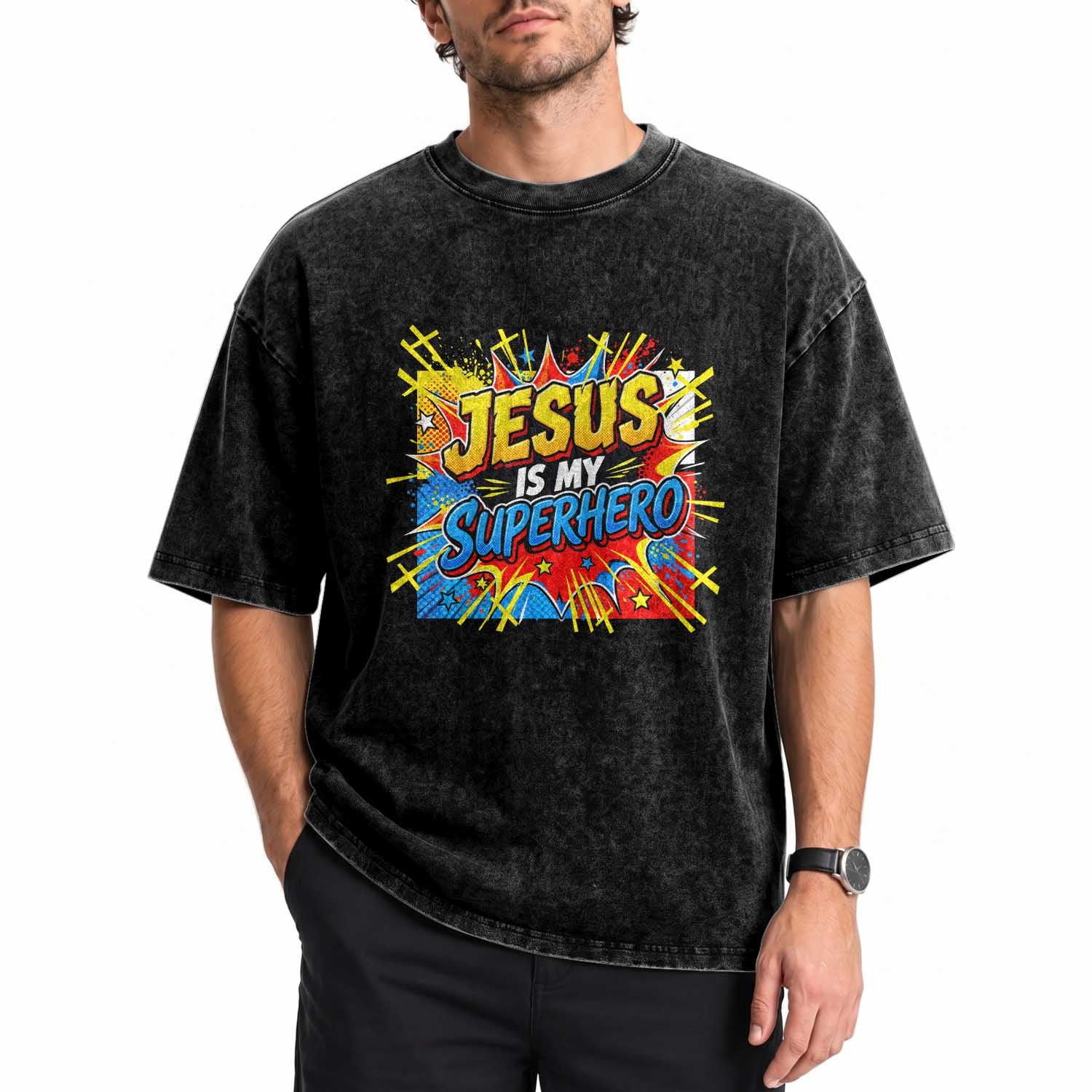 Jesus Is My Superhero Washed Cotton T-Shirt Christian Faith Comic Faith Cross