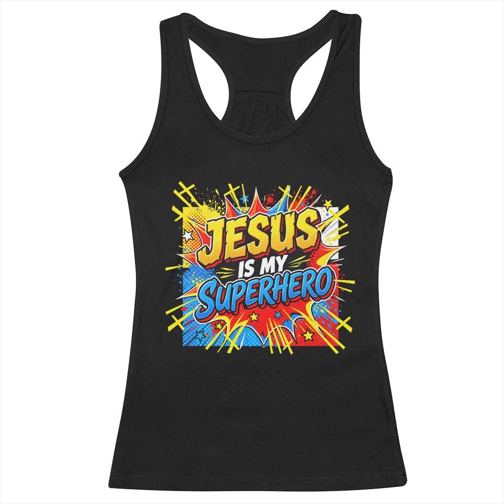 Jesus Is My Superhero Racerback Tank Top Christian Faith Comic Faith Cross