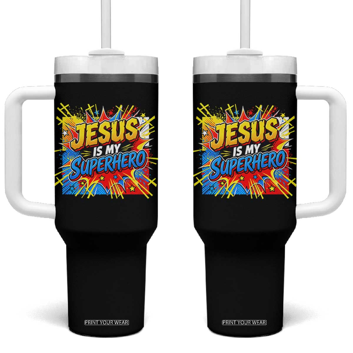 Jesus Is My Superhero Tumbler With Handle Christian Faith Comic Faith Cross
