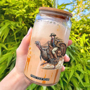 Vintage Cowboy Riding Turkey Funny Thanksgiving Western Fall Glass Can