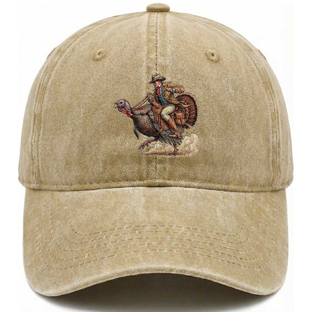 Vintage Cowboy Riding Turkey Funny Thanksgiving Western Fall Washed Cotton Baseball Cap