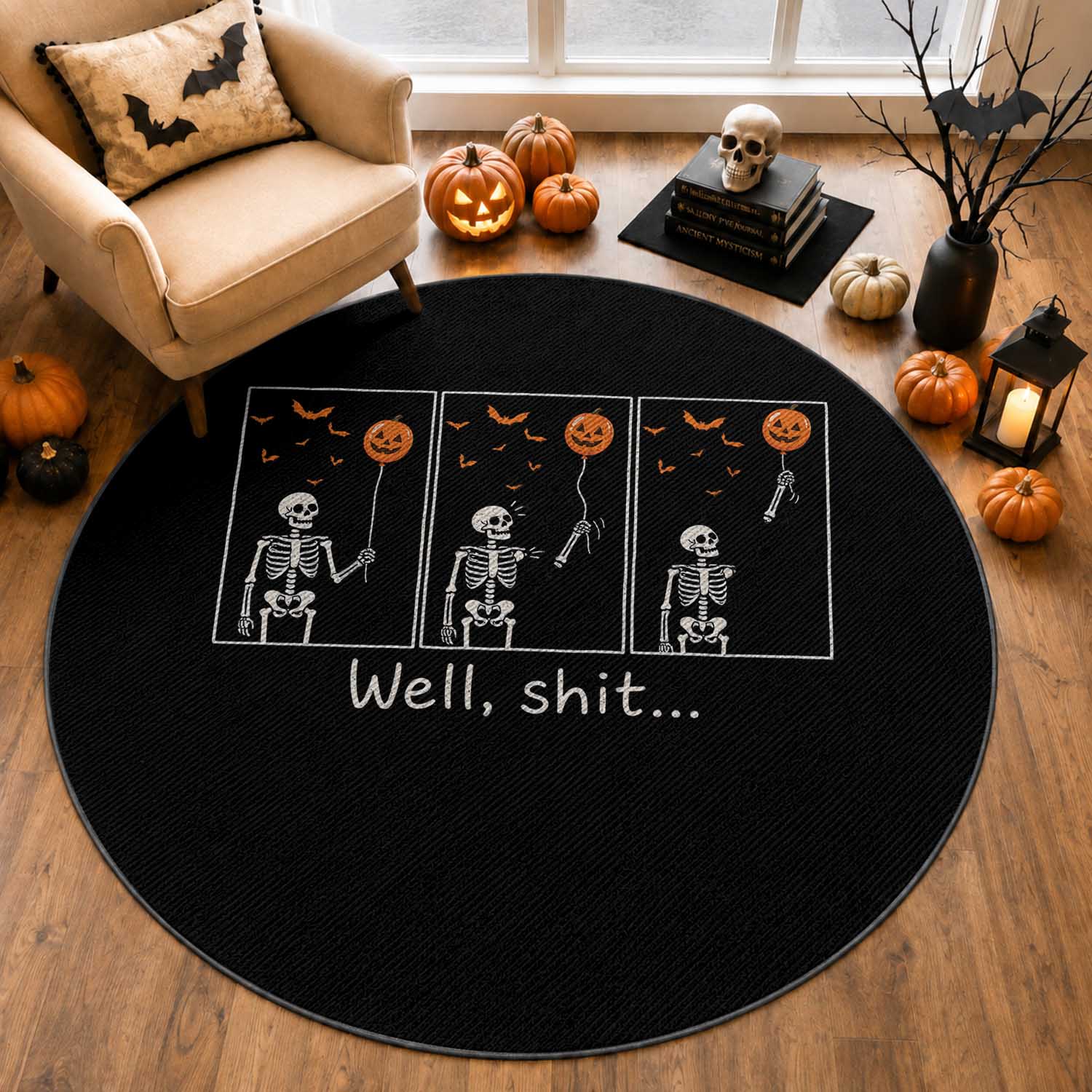 Well Shit Skeleton Lost Pumpkin Balloon Funny Halloween Round Rug