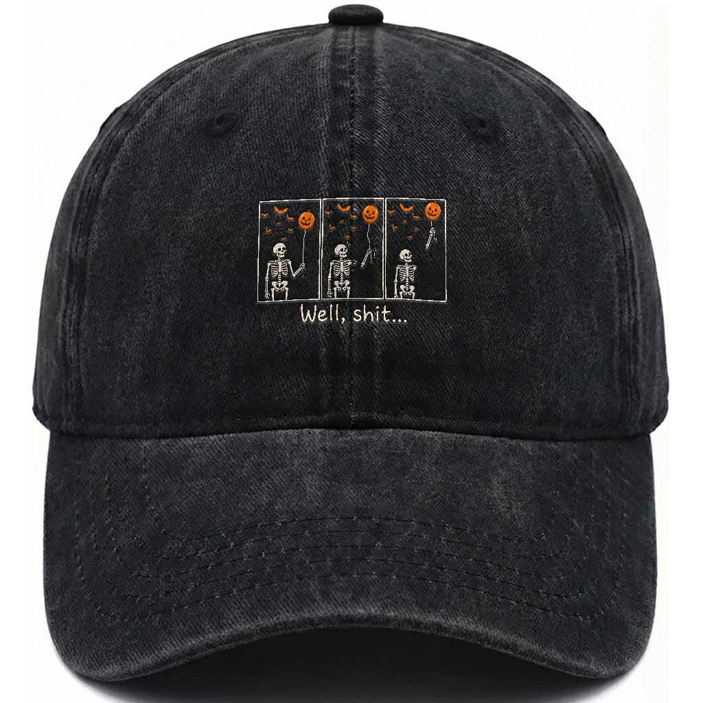 Well Shit Skeleton Lost Pumpkin Balloon Funny Halloween Washed Cotton Baseball Cap
