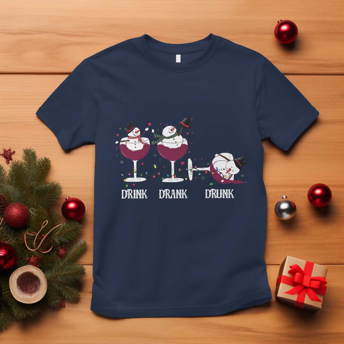 Funny Christmas Wine T Shirt Drink Drank Drunk Snowman Xmas TS11 Navy Print Your Wear