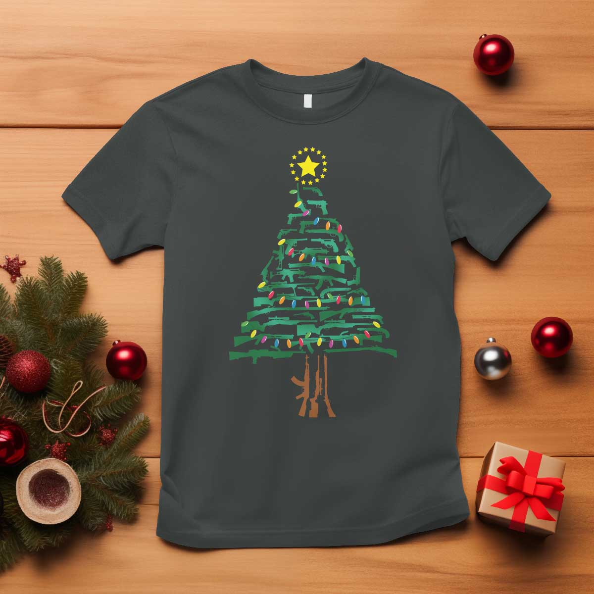 Christmas Gun T Shirt Xmas Tree 2nd Amendment Star TS11 Dark Heather Print Your Wear