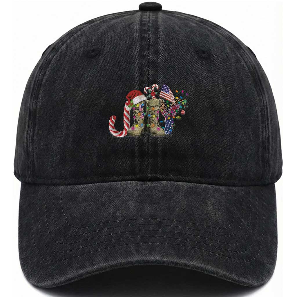 Christmas Veterans Washed Cotton Baseball Cap Joy Candy Cane American Flag TS11 Washed Cap Universal Fit Black Print Your Wear