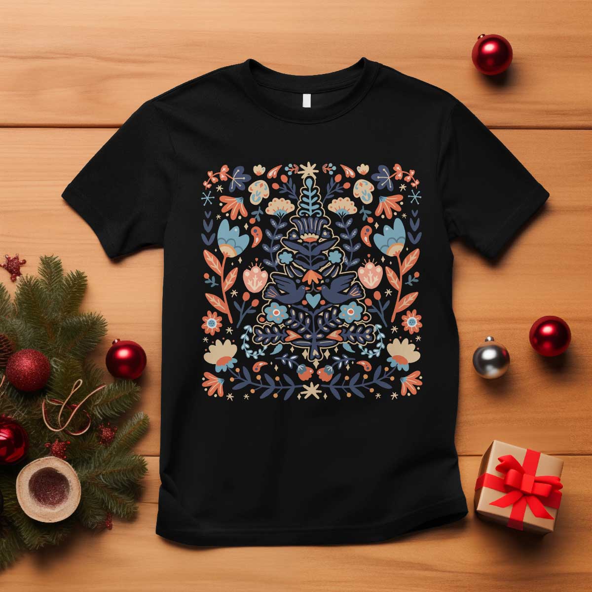 Norwegian Christmas Scandinavian Yule Xmas Tree Folk Art Winter Solstice T Shirt TS11 Black Print Your Wear