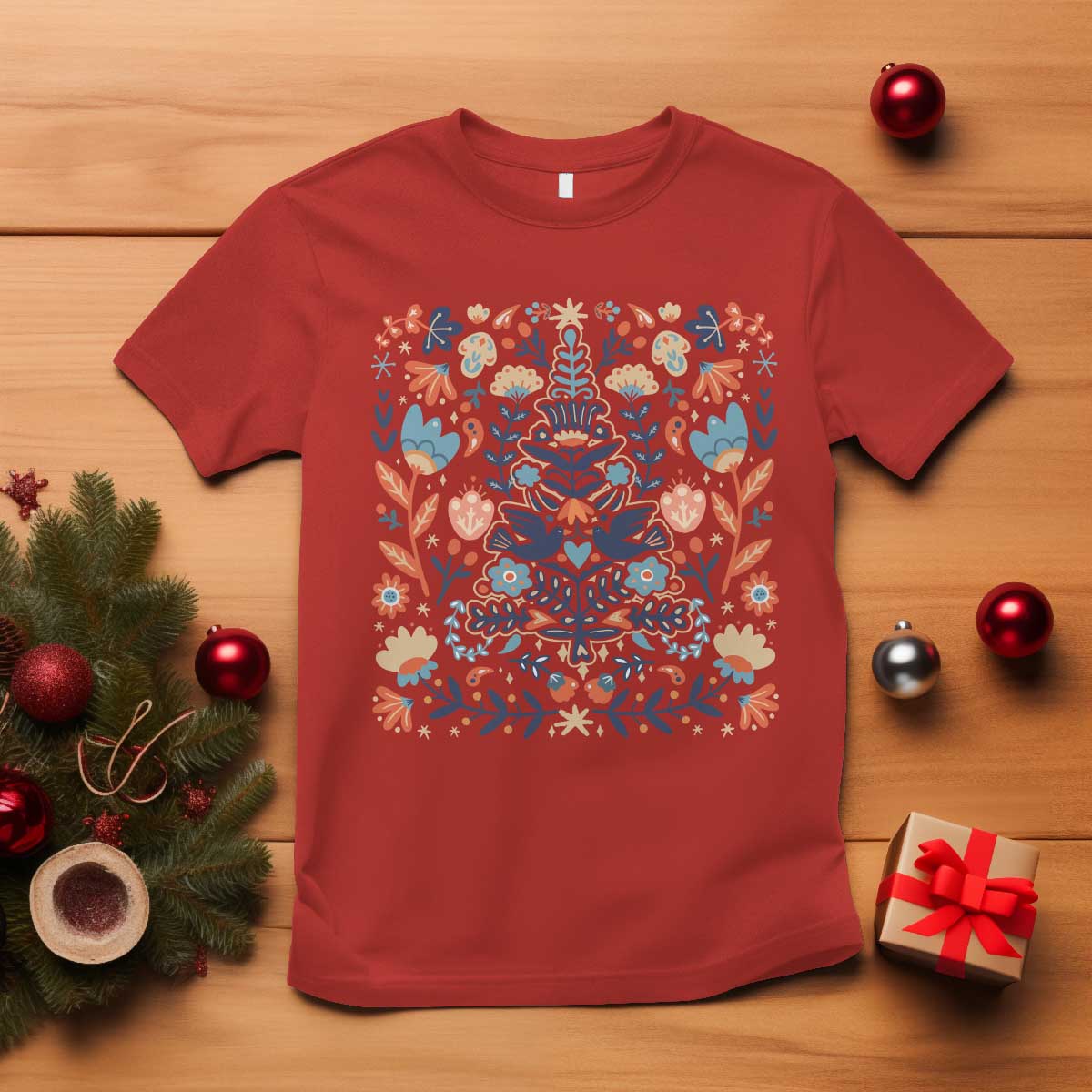 Norwegian Christmas Scandinavian Yule Xmas Tree Folk Art Winter Solstice T Shirt TS11 Red Print Your Wear