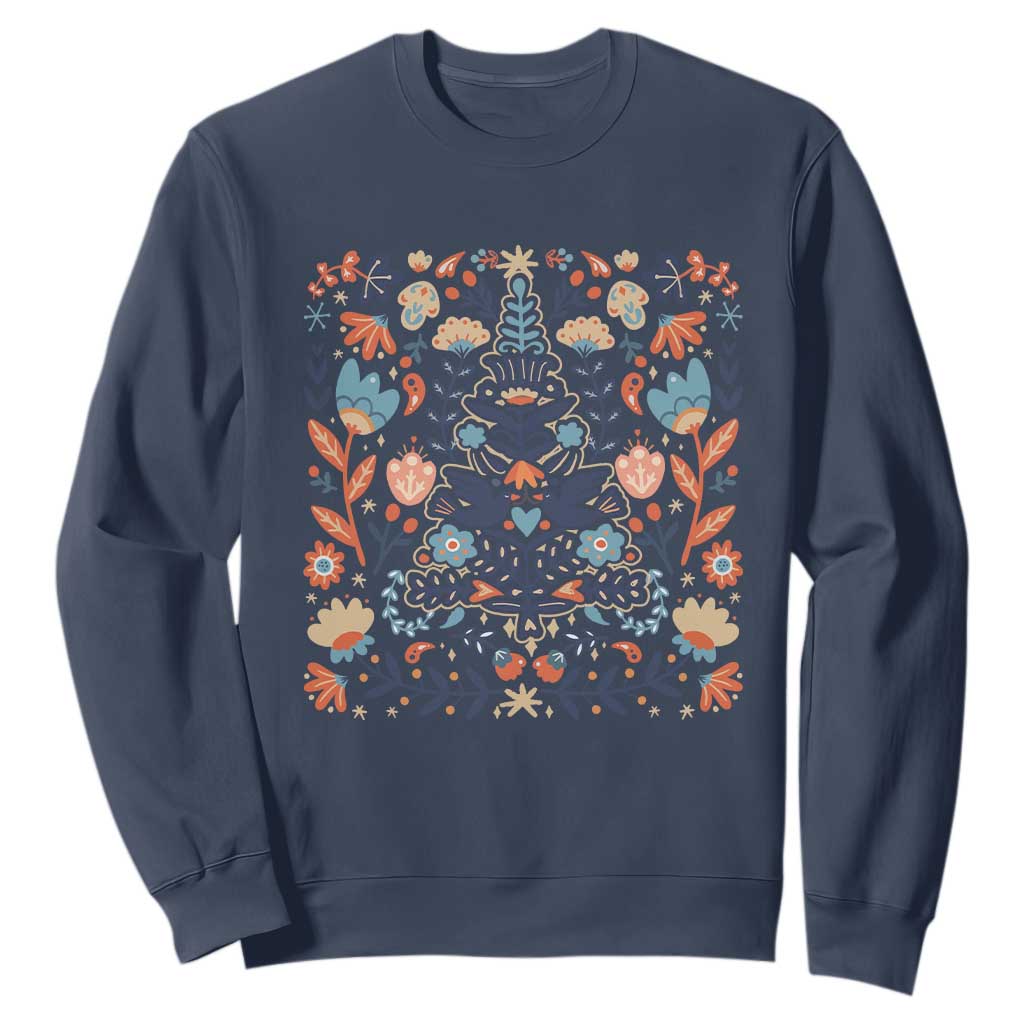 Norwegian Christmas Scandinavian Yule Xmas Tree Folk Art Winter Solstice Sweatshirt TS11 Navy Print Your Wear