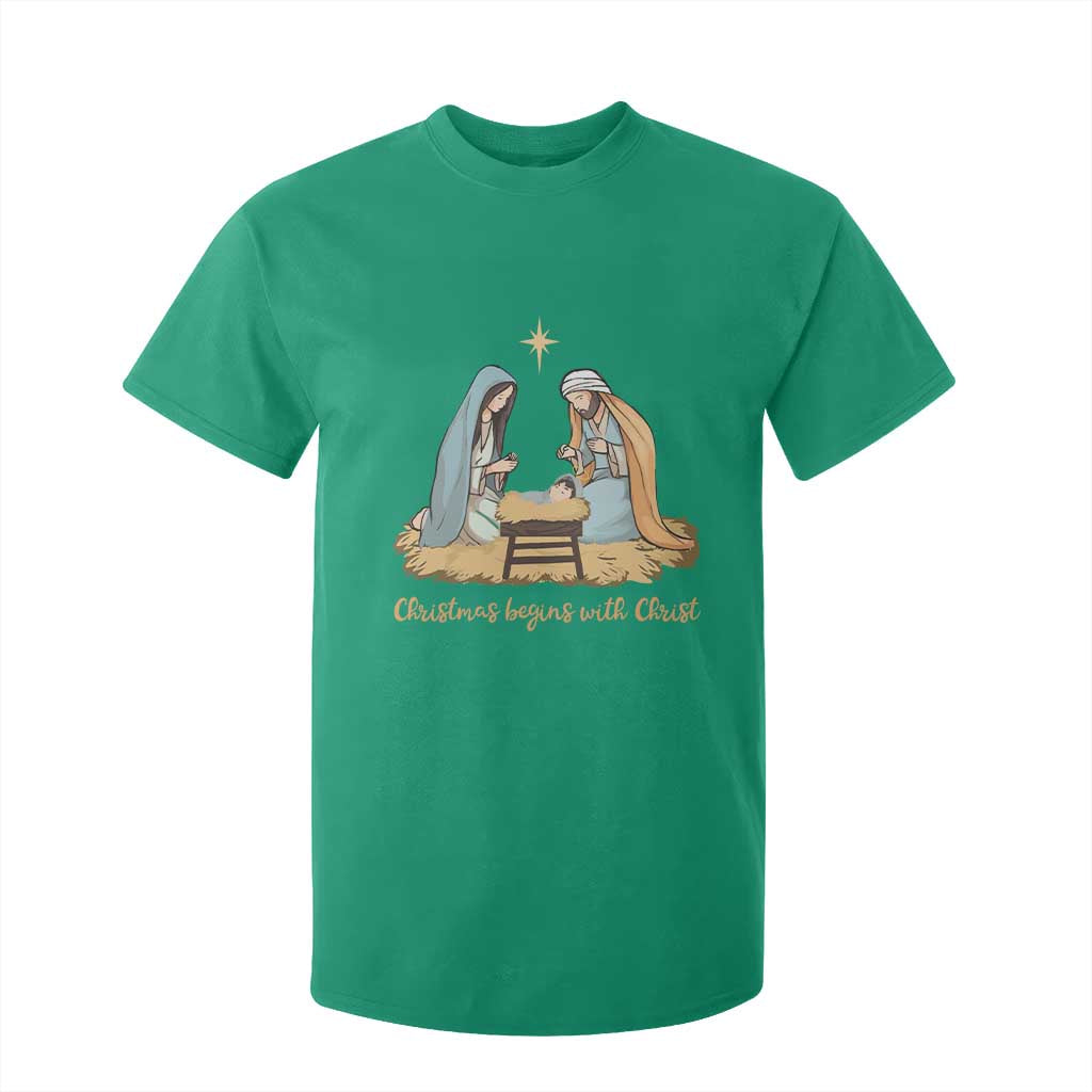 Christmas Begins With Christ T Shirt For Kid Christian Christmas Nativity Scene TS11 Irish Green Print Your Wear