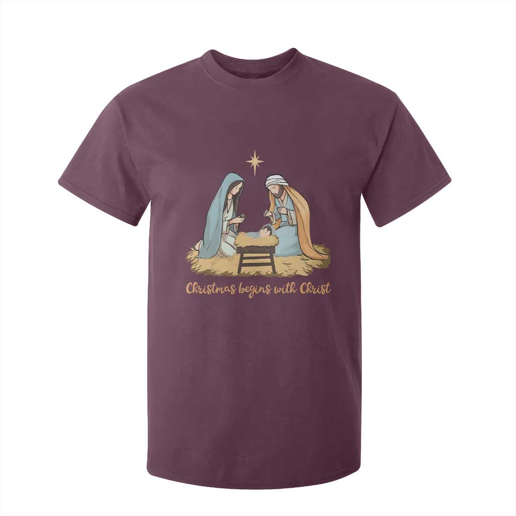 Christmas Begins With Christ T Shirt For Kid Christian Christmas Nativity Scene TS11 Maroon Print Your Wear