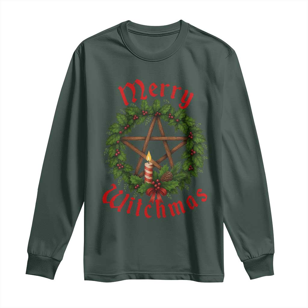 Nordic Christmas Long Sleeve Shirt Merry Witchmas Pagan Yule Xmas Wreath TS11 Dark Forest Green Print Your Wear