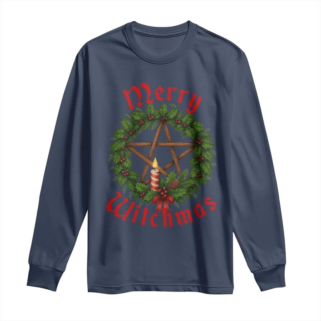 Nordic Christmas Long Sleeve Shirt Merry Witchmas Pagan Yule Xmas Wreath TS11 Navy Print Your Wear