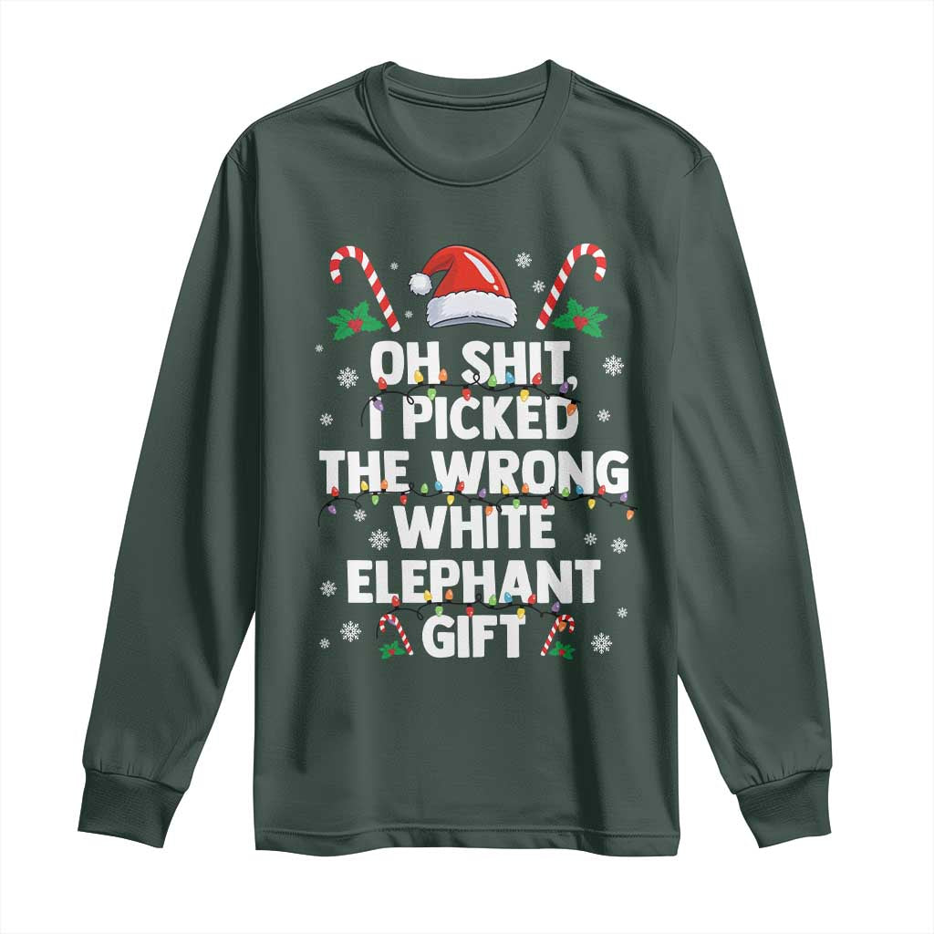 Funny Oh Shit I Picked The Wrong White Elephant Gift Long Sleeve Shirt Christmas Gift Exchange Santa Hat TS11 Dark Forest Green Print Your Wear