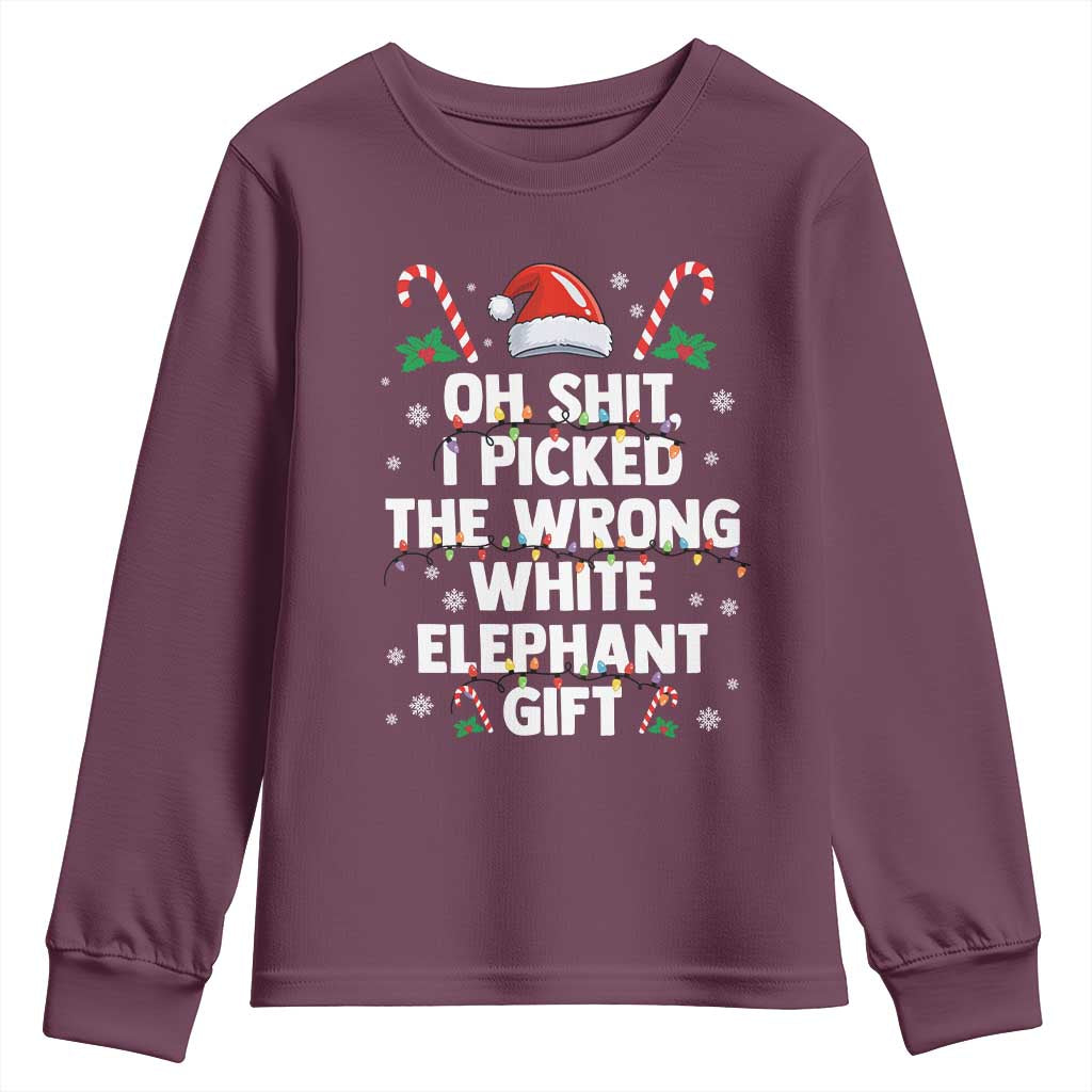 Funny Oh Shit I Picked The Wrong White Elephant Gift Youth Sweatshirt Christmas Gift Exchange Santa Hat TS11 Maroon Print Your Wear