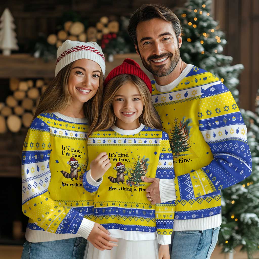 Christmas Chanukah Racoon Hanukkah Ugly Sweater Funny Its Fine I Am Fine Everything Is Fine TS11 Gold Royal Blue Print Your Wear