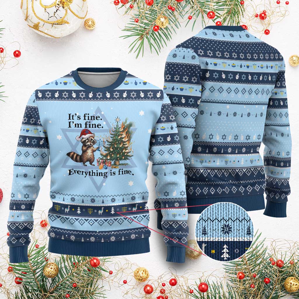 Christmas Chanukah Racoon Hanukkah Ugly Sweater Funny Its Fine I Am Fine Everything Is Fine TS11 Light Blue Navy Print Your Wear
