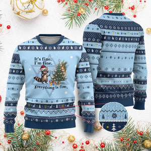 Christmas Chanukah Racoon Hanukkah Ugly Sweater Funny Its Fine I Am Fine Everything Is Fine TS11 Light Blue Navy Print Your Wear