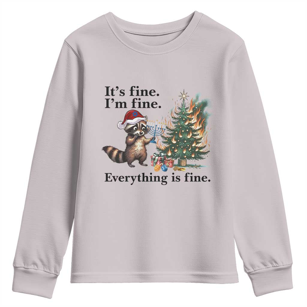 Christmas Hanukkah Racoon Youth Sweatshirt Funny Its Fine I Am Fine Everything Is Fine TS11 Ice Gray Print Your Wear
