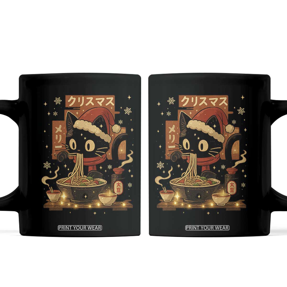 Funny Christmas Cat Ramen Coffee Mug Xmas Japanese Kawaii Anime Cat TS11 Black Print Your Wear