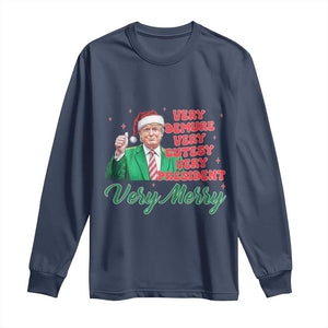 Funny Christmas Santa Trump Long Sleeve Shirt Very Demure Very Cutesy Very President Very Merry TS11 Navy Print Your Wear