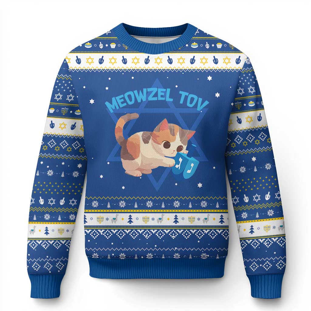 Funny Chanukah Cats Hanukkah Ugly Sweater Meowzel Tov Dreidels Chanukah Jewish Festival TS11 Blue White Print Your Wear