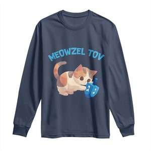 Funny Hanukkah Cats Long Sleeve Shirt Meowzel Tov Dreidels Chanukah Jewish Festival TS11 Navy Print Your Wear