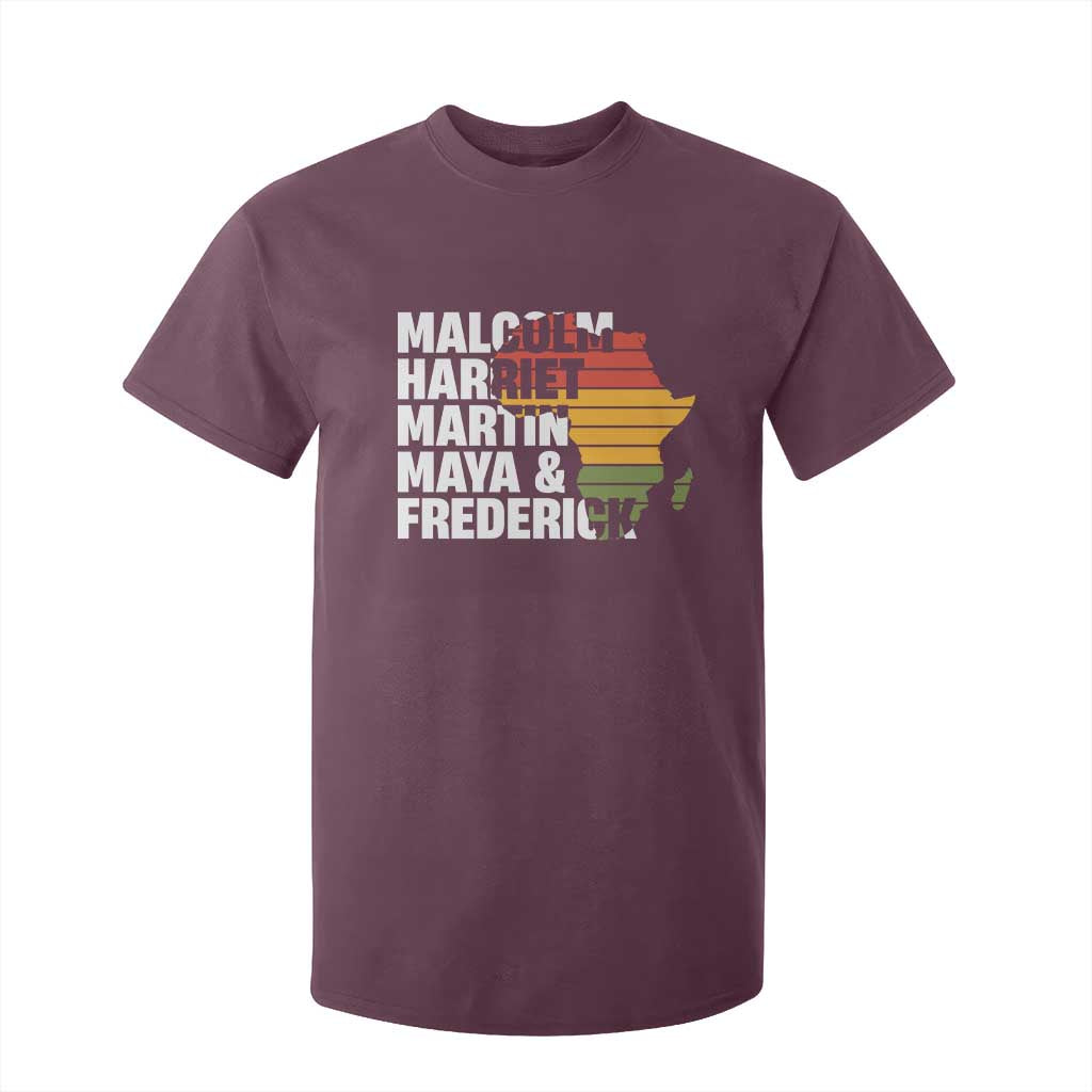 Black History Leaders T Shirt For Kid Malcolm Harriet Martin Maya Frederick Africa Map TS11 Maroon Print Your Wear