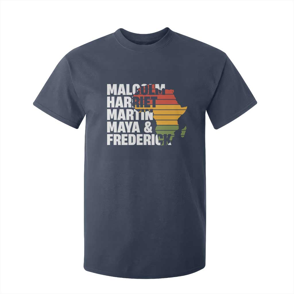 Black History Leaders T Shirt For Kid Malcolm Harriet Martin Maya Frederick Africa Map TS11 Navy Print Your Wear