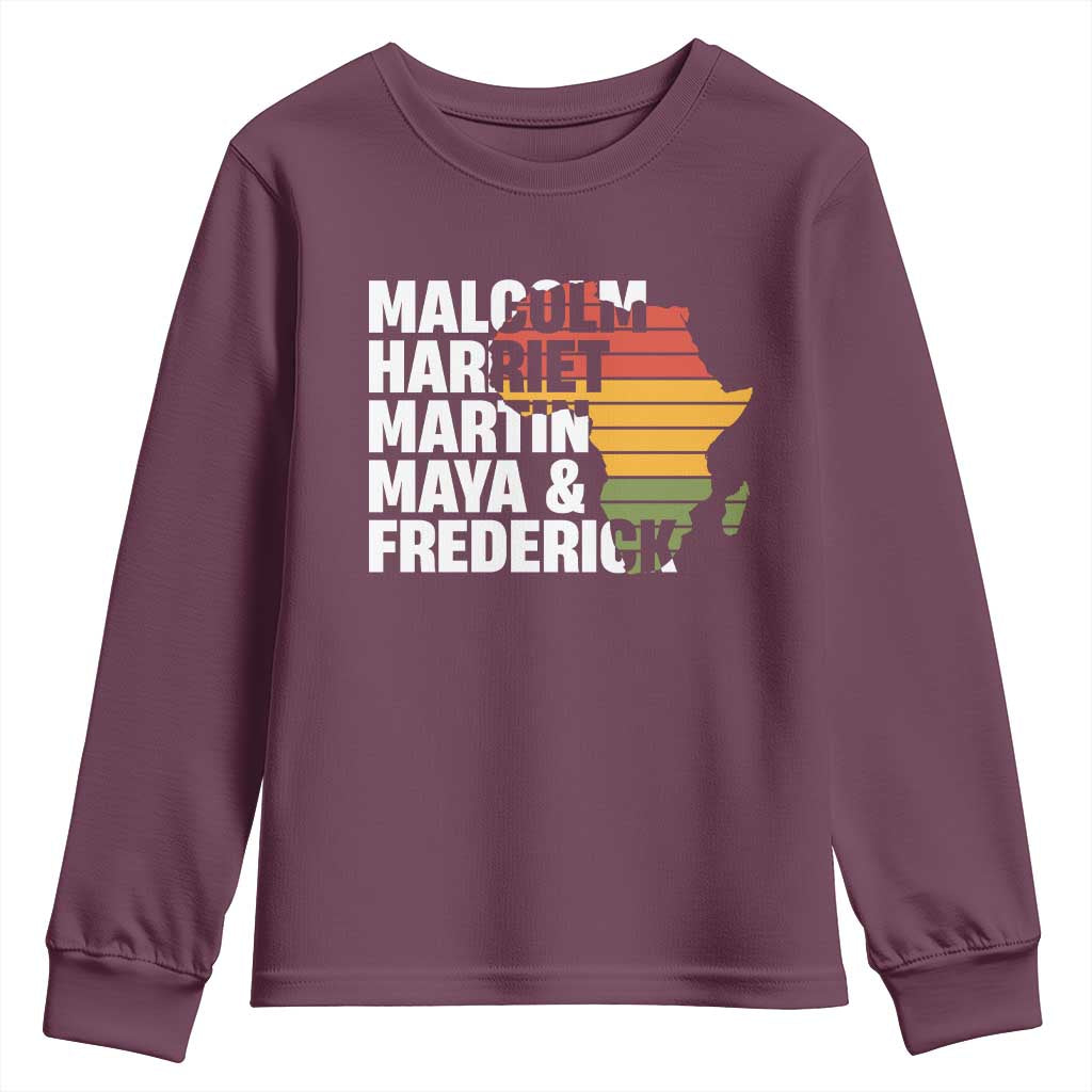 Black History Leaders Youth Sweatshirt Malcolm Harriet Martin Maya Frederick Africa Map TS11 Maroon Print Your Wear